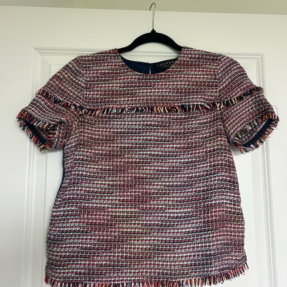LAUNDRY By Shelli Segal Red Multicolor Tweed Fringe Short Sleeve Top